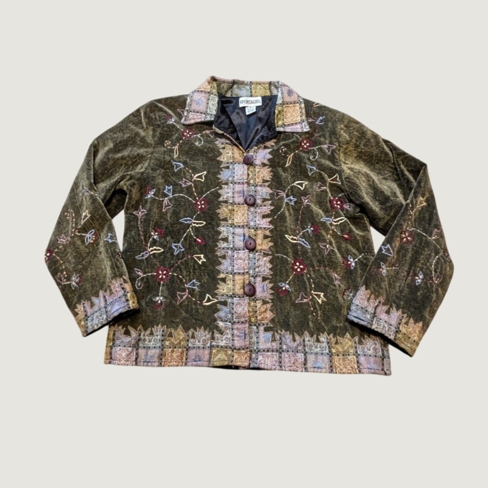 Vtg Velvet Floral Tapestry Jacket Blazer Sz M Embroidered Boho Grunge Grandma